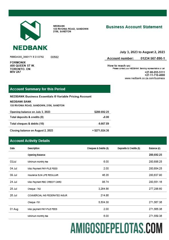 Em branco Nedbank Firm Statement modelo Word e PDF